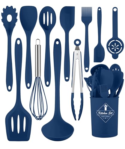 Blue Kitchen Utensils Set-12 Pieces Silicone Cooking Utensils Set | Dishwasher Safe 392°F Heat Resistant Spatula Set Kitchen Utensil Set for Nonstick Cookware,Best Kitchen Tools with Holder - color: Blue