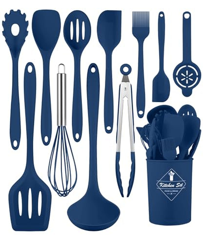 Blue Kitchen Utensils Set-12 Pieces Silicone Cooking Utensils Set | Dishwasher Safe 392°F Heat Resistant Spatula Set Kitchen Utensil Set for Nonstick Cookware,Best Kitchen Tools with Holder - color: Blue
