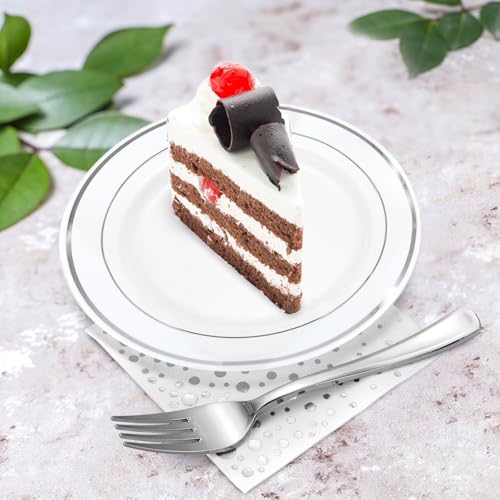 Silver Dessert Plates Set, 100 Plates, Cups, Forks and Napkins, 7.5 Inch | Sturdy plastic, cake service, appetizer tables, salad course, weddings, birthdays, easy cleanup - color: Silver, style: Plates,Forks,Napkins and Cups
