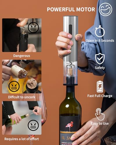 CIRCLE JOY 6-in-1 Electric Wine Opener Set Rechargeable Stainless Steel Wine Opener Gift Set with Foil Cutter, Rechargeable & Manual Wine Aerator Pourers, Vacuum Wine Stopper and Storage Base, Silver - color: 6-in-1 Silver
