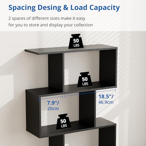 Set of 2 Geometric Bookcase, S-Shaped Modern Bookshelf, Room Divider Bookshelf, 62" Tall Unique Abstract Bookcase with 5-Tier Display Shelf for Living Room Office, Black - color: Black