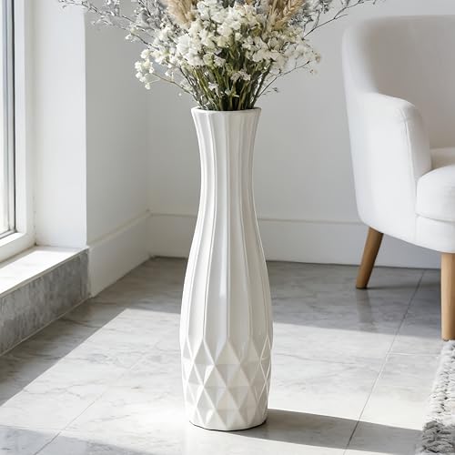 White Tall Ceramic Floor Vase, 24 Inch, Flared Geometric Design | Glossy Glazed Finish, Living Room, Fireplace, Entryway, Pampas Grass - color: Shape 2, size: 24 Inch