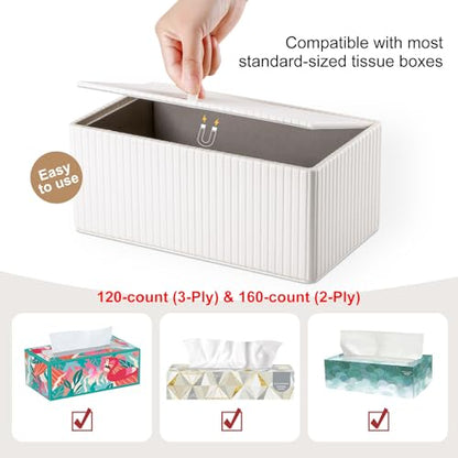 PU Leather Tissue Box Cover Rectangular Tissue Box Holder with Magnetic Bottom, Napkin & Facial Tissue Holder Dispenser for Home, Office for Standard 120-count/160-count (2-Ply) White Stripe - color: Off-white Stripe
