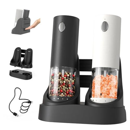 CIRCLE JOY Electric Salt and Pepper Grinder Set Automatic Salt and Pepper Mills Set with Easy-to-Carry Charging Base and LED Light, USB Rechargeable, Upgrade External Adjustable Coarseness - color: White&Black