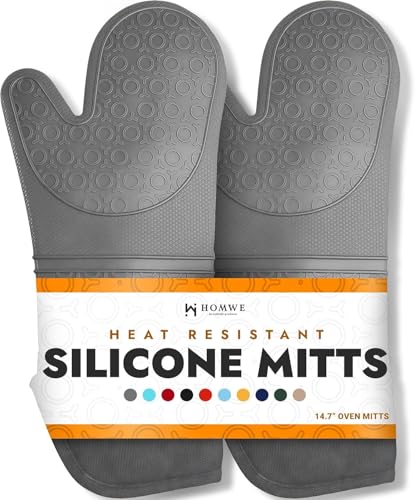 BPA-Free Soft Silicone Oven Mitts - Ultra Heat Resistant Oven Mitts with Thick Cotton Liner - Extra Long Slip Resistant Pot Holders, Flexible Oven Gloves - Gray 14.7" - color: Gray, size: 2-Piece 14.7" Oven Mitts