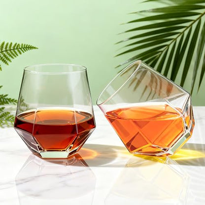 Diamond Wine Glasses Set of 12, 11 oz Stemless Tumbler Glasses | Clear Glass for Wine, Cocktail, Whiskey, Juice, Soda - Ideal for Parties, Home Bar, Daily Use & Gift Giving