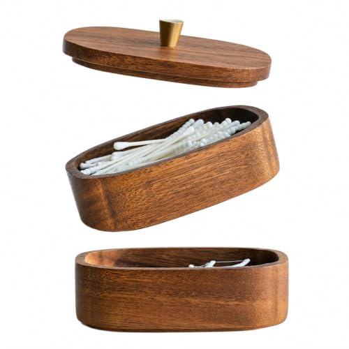 Acacia Wood Qtip Holder Bathroom Jars with Lids, Double-Layer Canisters for Cotton Ball/Round/Pads, Floss Pick Storage, Jars for Bathroom Countertop/Vanity Organizer, Home Decor