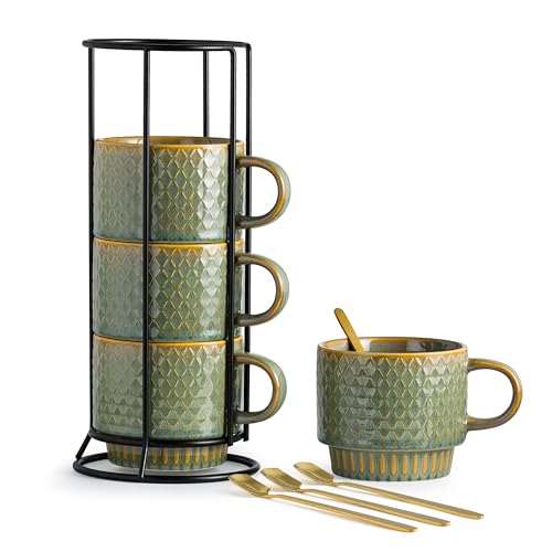 LYEOBOH Coffee Mug, Coffee Mugs Set of 4, Stackable Coffee Mugs with Rack and Spoons - 13 Oz Cup Set with Stand, Ceramic Mugs for Home & Kitchen, Blue and Green - color: Blue and Green