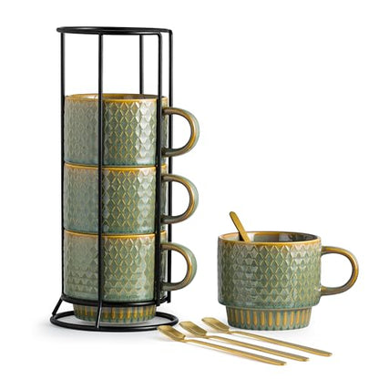 LYEOBOH Coffee Mug, Coffee Mugs Set of 4, Stackable Coffee Mugs with Rack and Spoons - 13 Oz Cup Set with Stand, Ceramic Mugs for Home & Kitchen, Blue and Green - color: Blue and Green