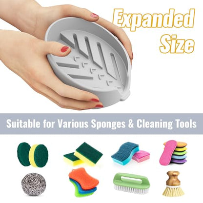 NiHome Silicone Sponge Holder for Kitchen Sink, Fits Scrub Daddy Mommy | Self-Draining Dispenser Organizer Tray, Sink Caddy Countertop Fits Soaps, Scrubber, Dishwasher Safe, Includes Brush - color: Light Gray