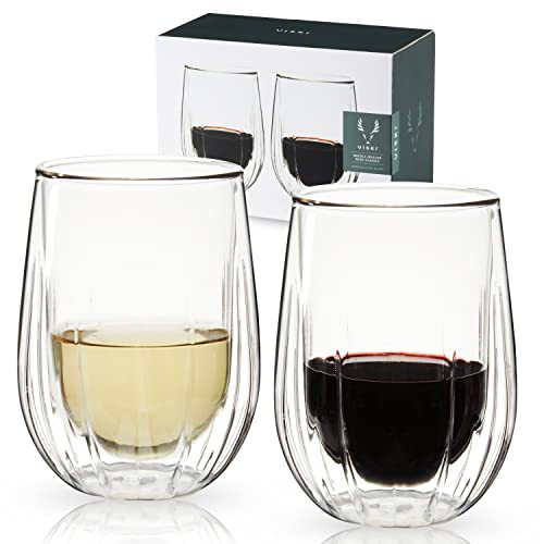 Viski Insulated Double Walled Stemless Wine Glasses, Drinking Glass with Cut Crystal Design, Home Bar Accessories, Glassware, 13 oz, Set of 2, Clear - style: Double-Walled Wine Glasses