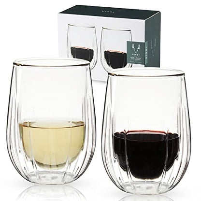 Viski Insulated Double Walled Stemless Wine Glasses, Drinking Glass with Cut Crystal Design, Home Bar Accessories, Glassware, 13 oz, Set of 2, Clear - style: Double-Walled Wine Glasses