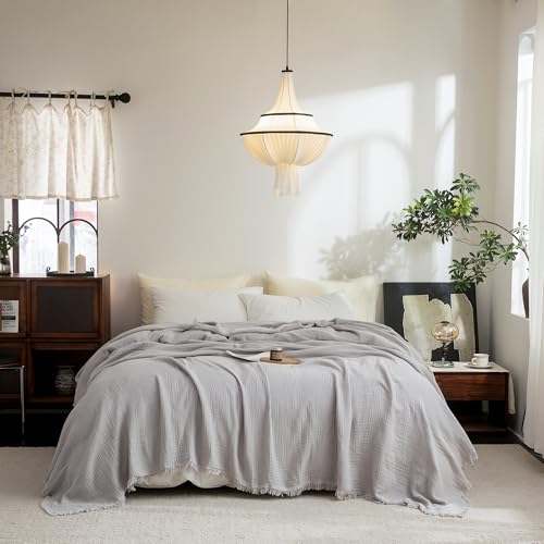 FOSSA Muslin Blanket: 4-Layer 100% Cotton Gauze Blanket with Fringe 98"x98" | Super Soft Breathable Lightweight All Season & Decforative Blanket for Bed, Sofa, Office - color: Grayish, size: Oversize Queen(98" × 98")