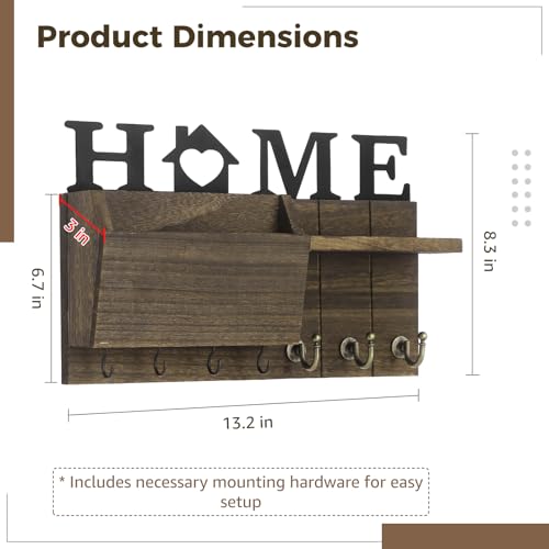 Key and Mail Holder for Wall, Wall Mount with Shelf and 7 Hooks, Rustic Farmhouse Wooden Entryway Organizer, for Hallway Kitchen Decorative