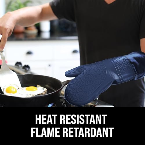 BPA-Free Soft Silicone Oven Mitts - Ultra Heat Resistant Oven Mitts with Thick Cotton Liner - Extra Long Slip Resistant Pot Holders, Flexible Oven Gloves - Navy 14.7" - color: Navy Blue, size: 2-Piece 14.7" Oven Mitts