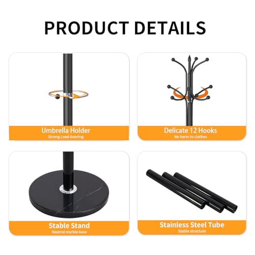 ZOZOE Metal Coat Rack Stand, Modern Coat Rack Freestanding with Natural Marble Base, Sturdy Coat Racks with 12 Hooks & Umbrella Holder,Black Coat Tree Hanger Stand for Bags,Hats,Entryway,Office - color: Black 12 Hooks