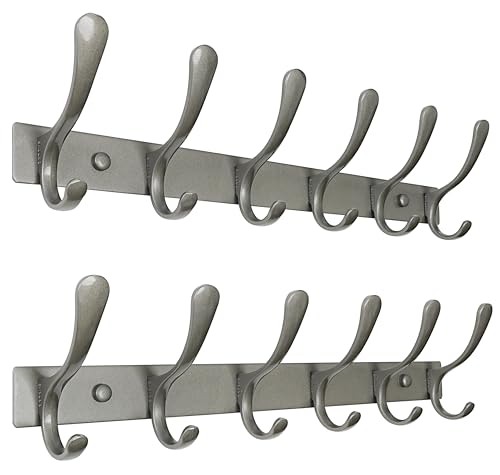 SKOLOO Coat Rack Wall Mounted - 6 Hooks, Pack of 2, Heavy Duty, Stainless Steel, Metal Wall Hanger, Sturdy Coat Hooks for Hanging Coats, Jacket, Clothes, Hat, Matte Grey - color: Matte Grey, size: 6 Hook(2 Pack)