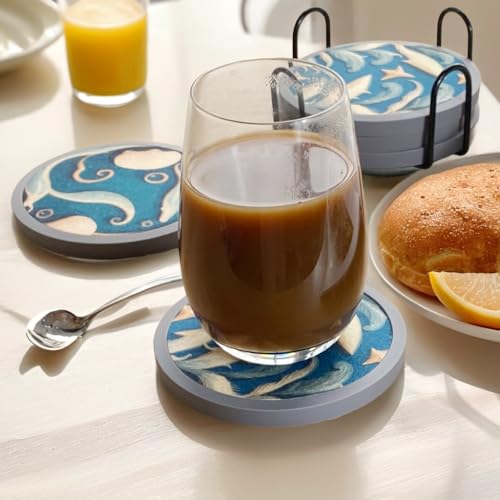 Absorbent Coasters for Drinks with Holder - 6packs, Silicone Coastes with Soft Felt Insert (4.3 inch Coasters with 4.5 inch Holder, Dual-Sided Ocean -Themed Patterns) - color: Dual-sided Ocean-themed Patterns