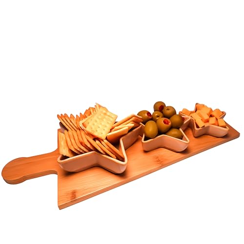 4-pc Porcelain Dip Bowl -Chips and Dip Serving Dish -Chips and Salsa Serving Dish; Chip and Dip Tray - Condiment Serving Tray; Dip Platter; Party Hosting Essentials - Ideal Gift Set - color: Light Brown, size: Stars