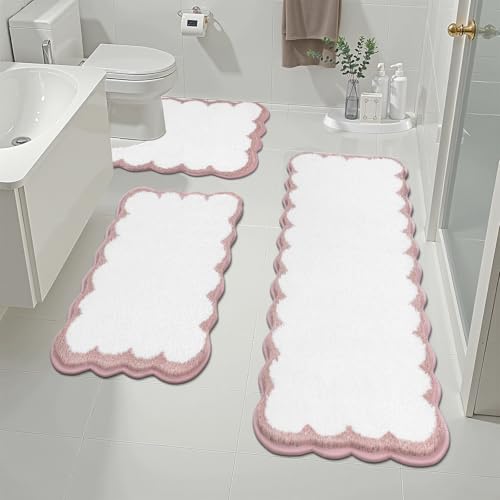 Pauwer Bathroom Rug Sets 3 Piece, Scalloped Bath Rugs, White and Dusty Pink | Non Slip Washable Bath Mat With U-Shaped Toilet Rug, Extra Absorbent Quick Dry, For Floor Sink - color: White and Dusty Pink