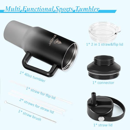 40 oz Tumbler with Handle and Straw or Convert to 40 oz Insulated Water Bottle Fits in Cup Holder. Stainless Steel Metal Water Flask with 2 Lids for Travel,Camping,Gym Sports Coffee Mug Thermal Cup - color: Shadow