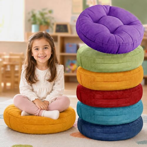 Floor Cushions For Kids 6Pack, Round Flexible Classroom Seating, 15 inch | Waterproof Floor Pillows With Handles, Safe Smolder Resistance Sitting Pillow For Elementary, Daycare & Reading, Assorted - color: Assorted, size: 6 Piece Set