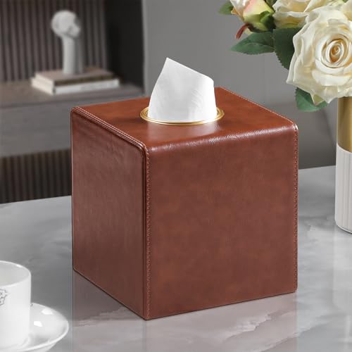 Square Tissue Box Cover with Magnetic Closure, Brown | Luxury PU Leather Tissue Holder with Gold Tone Metal Opening, Fits All Standard Cube Tissue Boxes - color: Brown