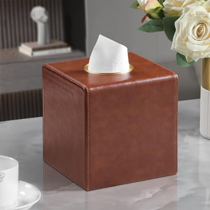 Square Tissue Box Cover with Magnetic Closure, Brown | Luxury PU Leather Tissue Holder with Gold Tone Metal Opening, Fits All Standard Cube Tissue Boxes - color: Brown