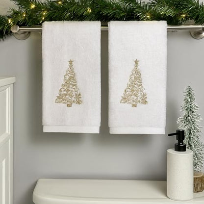 Decorative Christmas Theme Towel Set: Luxury Bathroom Plush Velour Cotton Hand Towels of Gold Embroidered Tree, Set of 2 - color: Gold Tree