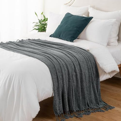 BATTILO HOME Dark Gray Chenille Throw Blanket for Couch, Soft Cozy Textured Knit Throw Blanket with Handmade Fringe Tassels, Lightweight Decorative Farmhouse Blanket for Sofa Bed Chair, 50"x60" | Soft Chenille Knit with Handmade Fringe Tassels, Lightweigh