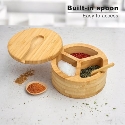 Salt Cellar - Salt Container Holder with Swivel Magnetic, 3 Compartment Salt Cellar with Lid and Spoon Holder, Wood Bowl Box, Salt and Pepper Bowls with Swivel Lid to Storage, 6OZ