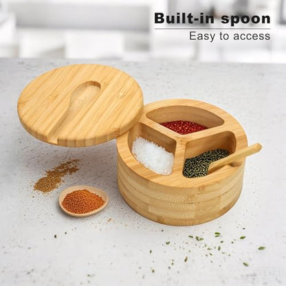 Salt Cellar - Salt Container Holder with Swivel Magnetic, 3 Compartment Salt Cellar with Lid and Spoon Holder, Wood Bowl Box, Salt and Pepper Bowls with Swivel Lid to Storage, 6OZ