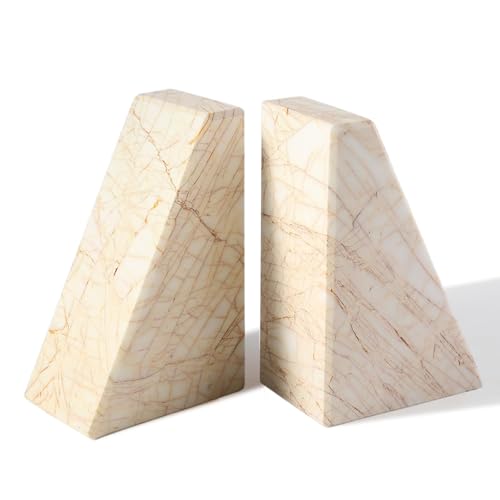 Marble Bookends，Natural Decorative Bookend for Shelves, Non-Skid Book End for Heavy Books, Idea Book Stoppers & Holder for Desk Bookshelf Decor, Modern Home Decor Cream Color Book Ends, Set of 2 - color: Turkey-cream Color