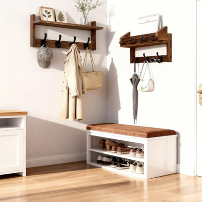 27" Wooden Wall Mounted Coat Rack with Shelf- 4-in-1 Entryway Organizer with 11 Hooks (7 Coat Hooks + 4 Key Hooks), Mail Holder & Display Shelf for Living Room, Bedroom (NOT Come Assembled)