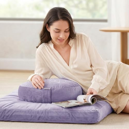 Hihealer Meditation Cushion, Traditional Tibetan Meditation Pillow Velvet Cover - Large Floor Cushion Seating for Adults - Yoga Buckwheat Bolster for Women、Moms - color: Romantic Purple(set)