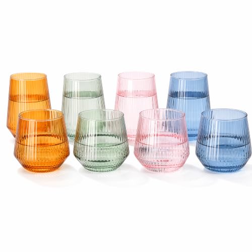 Colored Stemless Wine Glasses Set of 8, Lead-Free Ribbed Drinking Glass Cup for Wine, Cocktails, Champagne and Whiskey, Ideal Gifts for Weddings, Bars, Christmas, Halloween,Party, Daily Use - color: Colored Mix, size: 12.5 Ounces