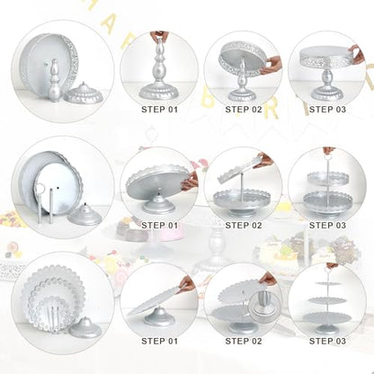 11 Pcs Silver Metal Cake Stand Set, Dessert Table Display Set for Party, Cupcake Stand and Candy Table Display Sets for Wedding, Birthday Celebration - color: Silver