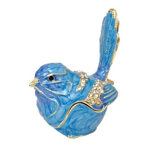 Mini Bird Trinket Box, Vintage Metal Enameled Bird Figurine, Rings Earrings Small Jewelry Box Decorative Hand-Painted Collectible Animal Statue Gift for Girls Women, Blue - color: Blue