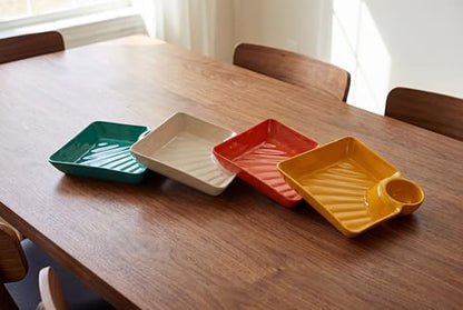 8 Pack Chip and Dip Plates with Sauce Compartment, 4 Colors | 8 reusable divided plates with built-in dip cups for dumplings, fries, sushi, snacks and appetizers.