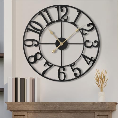 1st owned Wall Clock 24 Inch Round Large Indoor Wall Clocks Battery Operated Silent Non Ticking, Farmhouse Vintage Decorative Analog Metal Clock for Living Room, Kitchen, Bedroom Decor - color: Black Arabic, size: 24 Inch
