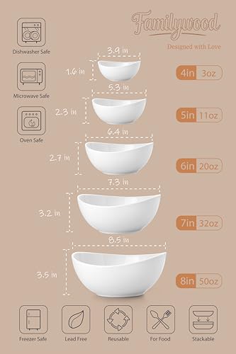 Porcelain Serving Bowls set for Entertaining, 3-11-20-32-50 Ounce, Scratch Resistant, 5 Piece Serving Bowl Set, Prep Salad Bowls for Christmas Thanksgiving, Dishwasher Safe, Pure White