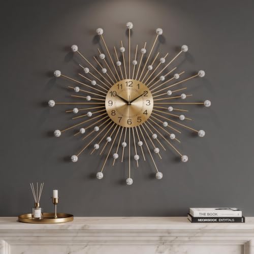Cuspin 24 Inch Gold Wall Clock, Crystal Sunburst Wall Clock, Mid Century Modern Decorative Metal Clock, Silent Non Ticking Battery Operated Wall Clock for Living Room, Bedroom, Dining Room, Entryway - color: Crystal Sunburst, size: Small