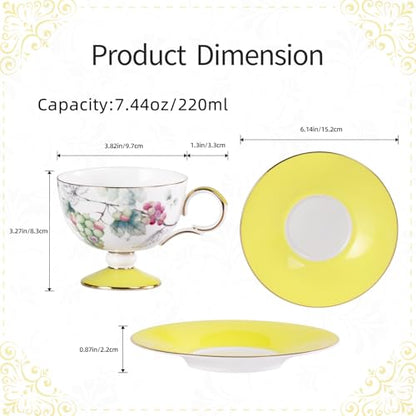 KAMMAK Tea Cups Set of 2,Ceramic Floral Pattern Demitasse Cup | Porcelain Espresso Cup with Saucer, 7.44 oz Handmade Elegant Bone China Tea Cups for Latte, Americano, Cappuccino - color: Grape + Blueberry