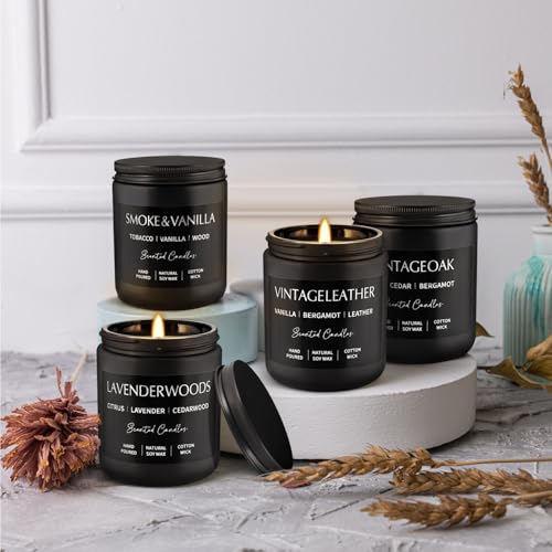 WPONSZU 4Psc Scented Candles Set,7oz Gifts for Men Aromatherapy,Soy Candle of Smokeless - Leather & Smoke, Vanilla Oakmoss, Lavender - Relaxing Fragrance for Home, Office, Yoga(Black) - color: 4Pack-Black