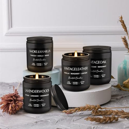 WPONSZU 4Psc Scented Candles Set,7oz Gifts for Men Aromatherapy,Soy Candle of Smokeless - Leather & Smoke, Vanilla Oakmoss, Lavender - Relaxing Fragrance for Home, Office, Yoga(Black) - color: 4Pack-Black