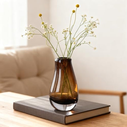 Amber Glass Vase, Hand Blown Brown Glass Vase 8.5in, Amber Flower Vase for Pampas Grass & Fresh Flowers, Brown Vases for Centerpieces, Modern Flower Vases Home Decor