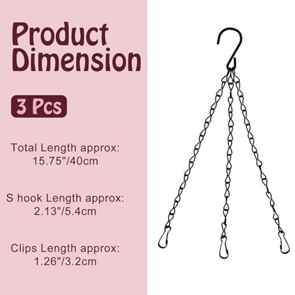 16 Inch Hanging Basket Chains 3 Point for Flower Pot | 3pcs, Black Chain with Hooks for Hanging Plants
