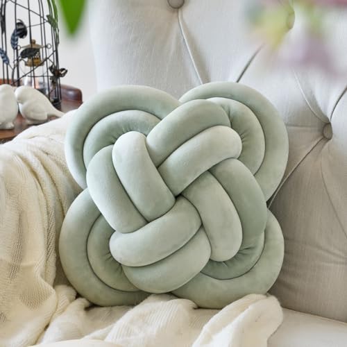 Knot Pillow Ball, 12" Decorative Throw Pillows for Couch Bed, Sage Green | Decor Knotted Square Floor Pillow Cushions with Velvet Fabric for Bedroom Living Room - color: Sage Green