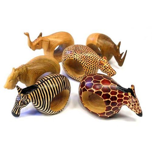 Mahogany Wood Animal Napkin Rings Set of Six - Handmade Wooden Napkin Rings - color: Assorted Animals