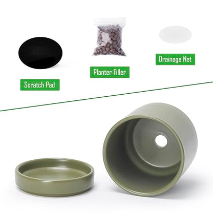 D'vine Dev 4-Pack Ceramic Pots with Saucers, Olive, 4.7 in, 94-X-B-0 | Glazed Ceramic, Drainage Hole and Saucer, Sleek Cylinder Shape, High Temperature Fired, Ideal for Small Houseplants - color: Olive, size: 4.7 Inch